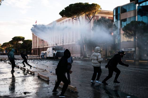 October 16, 2026, Tirana, Albania: TIRANA, ALBANIA, OCTOBER 16, 2026: Student-led anti-government demonstrations continue for a fourth consecutive day in Tirana, demanding improved education conditions and the resignation of Prime Minister Edi Rama. Protesters clash with riot police as officers deploy tear gas to disperse crowds. The demonstrations follow several days of unrest that have damaged public buildings and businesses. Tirana Albania - ZUMAq101 20261016_zna_q101_467 Copyright: xVlasovxSulajx