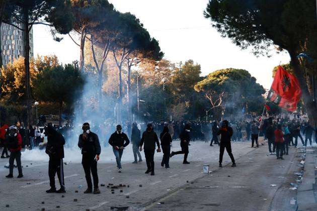 October 16, 2026, Tirana, Albania: TIRANA, ALBANIA, OCTOBER 16, 2026: Student-led anti-government demonstrations continue for a fourth consecutive day in Tirana, demanding improved education conditions and the resignation of Prime Minister Edi Rama. Protesters clash with riot police as officers deploy tear gas to disperse crowds. The demonstrations follow several days of unrest that have damaged public buildings and businesses. Tirana Albania - ZUMAq101 20261016_zna_q101_472 Copyright: xVlasovxSulajx