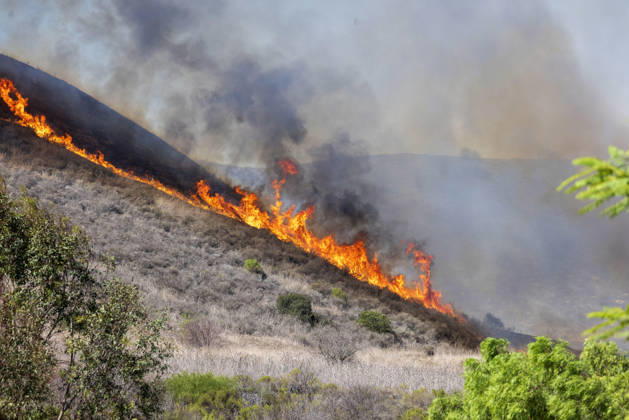 October16, 2026, San Juan Capistrano, California, USA: Fire crews are aggressively battling a wind-driven brush fire that burned several homes and threatened thousands of others in the area of San Juan Capistrano and San Clemente Friday, prompting evacuation orders. The Norte Fire exploded to 465 acres and remains 0 percent contained as of 4 p.m. O.C. Fire Authority officials said the Norte Fire started around 11:30 a.m. near Portico Del Norte and Eminencia Del Norte in San Clemente, east of Interstate 5. Fueled by strong Santa Ana winds, the wildfire then blew into neighboring San Juan Capistrano. San Juan Capistrano USA - ZUMAr19_ 20261016_new_r19_170 Copyright: xRuaridhxStewartx