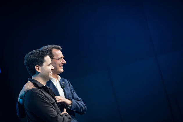 Johannes Winkel, Federal Chairman of the JU, with Hendrik Wüst, Minister President of North Rhine-Westphalia, on stage at the 2026 Germany Day (from left) 78 Germany Day 2026 in Bonn Junge Union (JU), the youth organization of the CDU and CSU, Bonn, North Rhine-Westphalia, Germany, World Conference Center Bonn