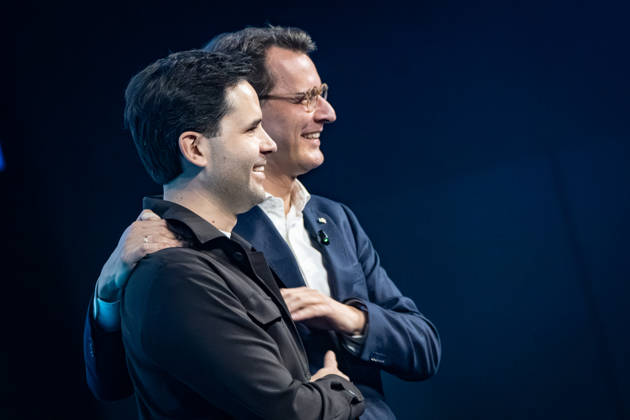 Johannes Winkel, Federal Chairman of the JU, with Hendrik Wüst, Minister President of North Rhine-Westphalia, on stage at the 2026 Germany Day (from left) 78 Germany Day 2026 in Bonn Junge Union (JU), the youth organization of the CDU and CSU, Bonn, North Rhine-Westphalia, Germany, World Conference Center Bonn