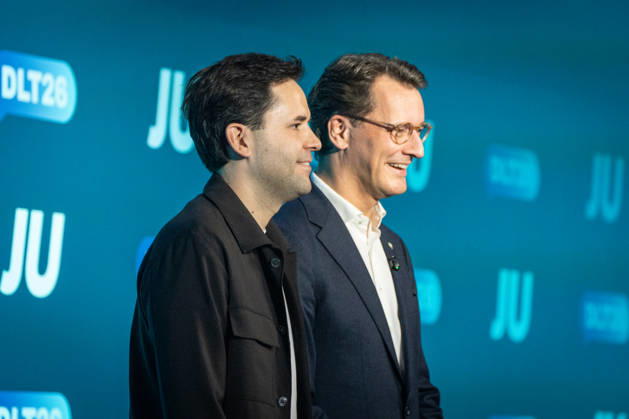 Johannes Winkel, Federal Chairman of the JU, with Hendrik Wüst, Minister President of North Rhine-Westphalia, on stage at the 2026 Germany Day (from left) 78 Germany Day 2026 in Bonn Junge Union (JU), the youth organization of the CDU and CSU, Bonn, North Rhine-Westphalia, Germany World Conference Center Bonn