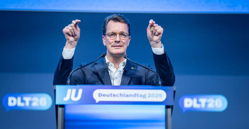 Hendrik Wüst, Minister President of North Rhine-Westphalia, delivers a speech on Stage 78 at Germany Day 2026 in Bonn; Junge Union (JU), the youth organization of the CDU and CSU, Bonn, North Rhine-Westphalia, Germany; World Conference Center Bonn