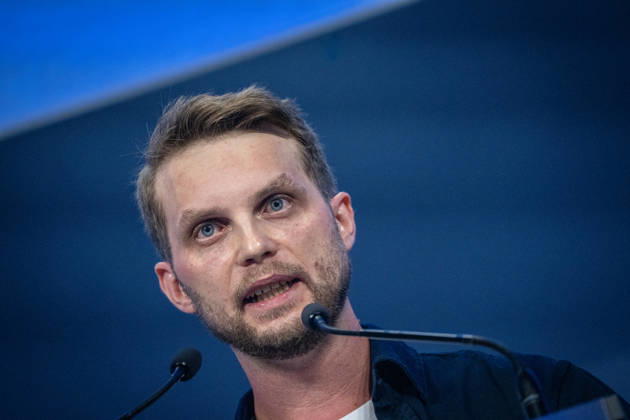 Kevin Gniosdorz, State Chairman of the JU in North Rhine-Westphalia, delivers his speech on the first day of the 78th Germany Day 2026 in Bonn. Junge Union (JU), the youth organization of the CDU and CSU, Bonn, North Rhine-Westphalia, Germany, World Conference Center Bonn