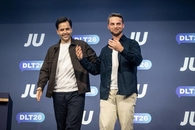 Kevin Gniosdorz, State Chairman of the JU in North Rhine-Westphalia, delivers his speech on the first day; Johannes Winkel, Federal Chairman of the JU (left), offers his congratulations. 78th Germany Day 2026 in Bonn. Junge Union (JU), the youth organization of the CDU and CSU, Bonn, North Rhine-Westphalia, Germany. World Conference Center Bonn