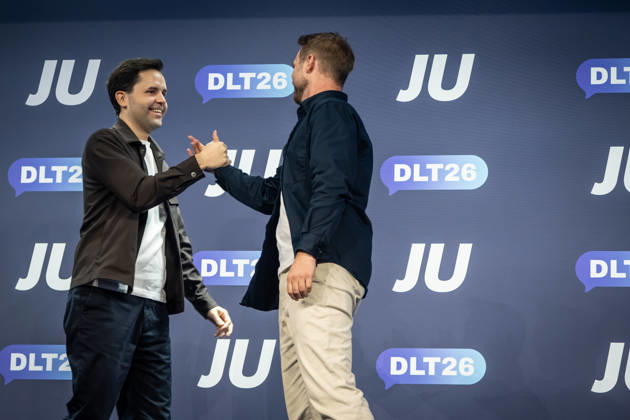 Kevin Gniosdorz, State Chairman of the JU in North Rhine-Westphalia, delivers his speech on the first day; Johannes Winkel, Federal Chairman of the JU (left), offers his congratulations. 78th Germany Day 2026 in Bonn. Junge Union (JU), the youth organization of the CDU and CSU, Bonn, North Rhine-Westphalia, Germany. World Conference Center Bonn
