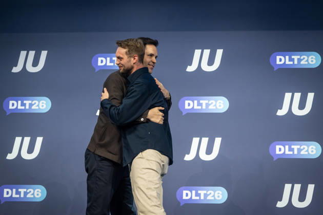 Kevin Gniosdorz, State Chairman of the JU in North Rhine-Westphalia, delivers his speech on the first day; Johannes Winkel, Federal Chairman of the JU (left), offers his congratulations. 78th Germany Day 2026 in Bonn. Junge Union (JU), the youth organization of the CDU and CSU, Bonn, North Rhine-Westphalia, Germany. World Conference Center Bonn