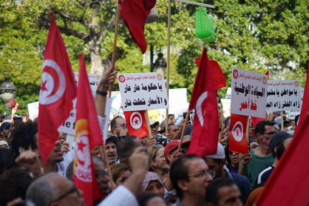 October 17, 2026, Tunis, Tunis, Tunisia, Tunisia: Demonstrators take to the streets of Tunis during a march calling for social and economic reforms and the protection of civil liberties, amid public concerns over rising living costs, workersâ€⠢ rights and freedom of expression on October 17, 2026. Organized by trade unions, journalistsâ€⠢ representatives, lawyers and civil society groups, the demonstration brings together protesters demanding accountability and defending fundamental rights. The march highlights ongoing concerns over Tunisiaâ€⠢s economic situation and the space for public dissent. Tunis Tunisia - ZUMAm342 20261017_zsp_m342_041 Copyright: xHasanxMradx