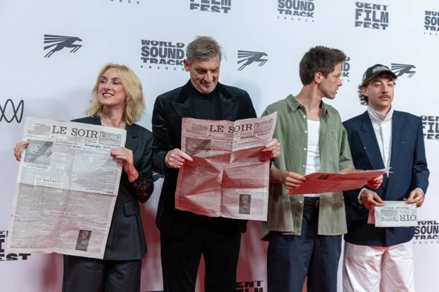 Actress Ruth Becquart and Actor Peter Van Den Begin, Pierre Gervais and Tibbe Walckiers pictured during the Gent International Film Festival on Saturday 17 October 2026. Tonight will feature a screening of Le Faux Soir, the new film of Belgian director Roskam.  NICOLASxMAETERLINCK 190136638