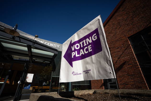 October 17, 2026, Port Moody, Bc, CANADA: A sign directing people to a polling station is pictured in Vancouver, on Saturday Oct. 17, 2026. British Columbians are heading to the polls to cast their votes in municipal elections being held across the province. Port Moody CANADA  - ZUMAc35_ 20261017_zaf_c35_012 Copyright: xEthanxCairnsx