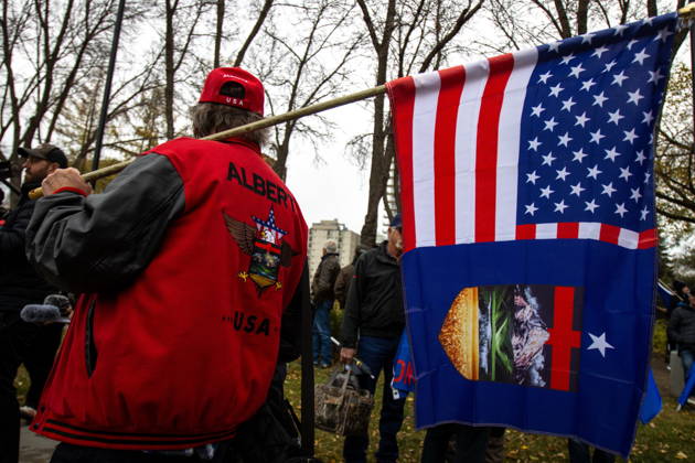 October 17, 2026, Edmonton, Ab, Canada: An attendee carries a flag at an Alberta independence rally at the Alberta legislature, in Edmonton on Saturday, Oct. 17, 2026. Edmonton Canada  - ZUMAc35_ 20261017_zaf_c35_032 Copyright: xAmandaxMayxEricksonx