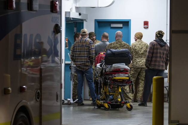 October 17, 2026, Wainwright, Alberta, Canada: Emergency crews and military personnel at the Wainwright Health Centre as injured military members are treated after a fire at CFB Wainwright, outside of Wainwright, Alta., on Saturday, Oct. 17, 2026. Wainwright Canada  - ZUMAc35_ 20261017_zaf_c35_153 Copyright: xJohnxUlanx