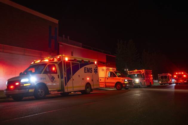 October 17, 2026, Wainwright, Alberta, Canada: Emergency crews and military personnel at the Wainwright Health Centre as injured military members are treated after a fire at CFB Wainwright, outside of Wainwright, Alta., on Saturday, Oct. 17, 2026. Wainwright Canada  - ZUMAc35_ 20261017_zaf_c35_159 Copyright: xJohnxUlanx