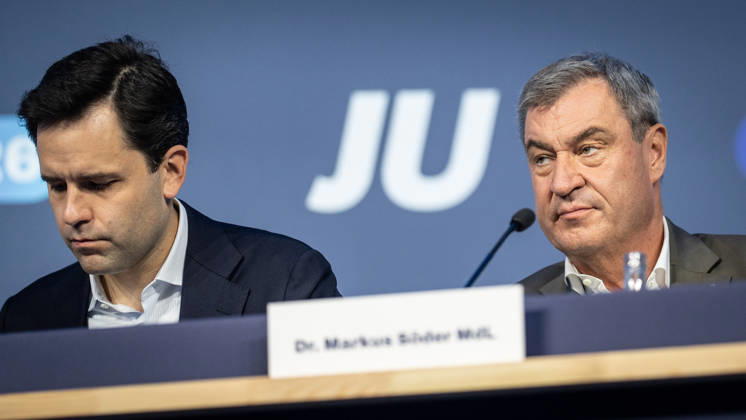 Markus Söder, Minister President of Bavaria, as a guest at Germany Day 2026 with Johannes Winkel, Federal Chairman of the JU (pictured left) 78 Germany Day 2026 in Bonn Junge Union (JU), the youth organization of the CDU and CSU, Bonn, North Rhine-Westphalia, Germany World Conference Center Bonn