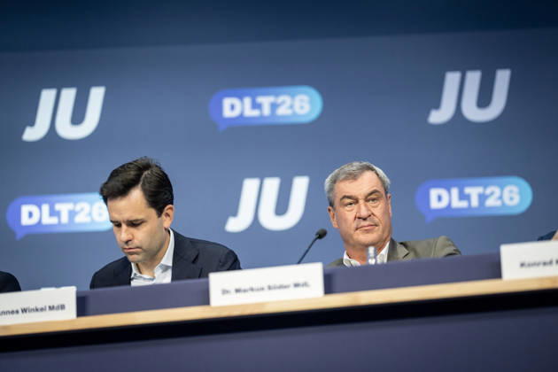 Markus Söder, Minister President of Bavaria, as a guest at Germany Day 2026 with Johannes Winkel, Federal Chairman of the JU (pictured left) 78 Germany Day 2026 in Bonn Junge Union (JU), the youth organization of the CDU and CSU, Bonn, North Rhine-Westphalia, Germany World Conference Center Bonn