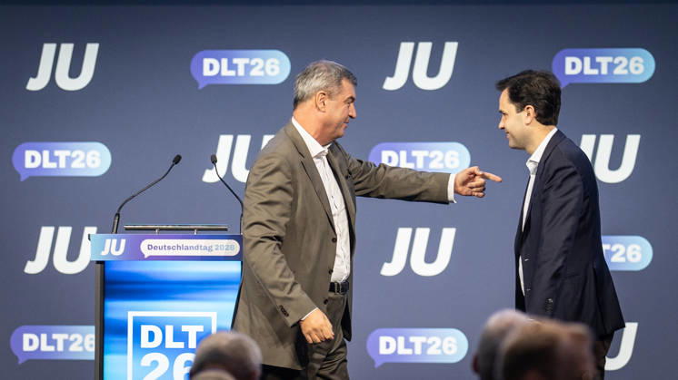 Markus Söder, Minister President of Bavaria, as a guest at Germany Day 2026 with Johannes Winkel, Federal Chairman of the JU (pictured left) 78 Germany Day 2026 in Bonn Junge Union (JU), the youth organization of the CDU and CSU, Bonn, North Rhine-Westphalia, Germany World Conference Center Bonn