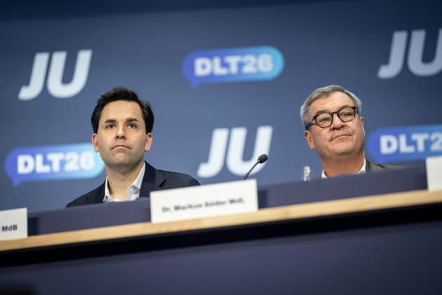 Markus Söder, Minister President of Bavaria, as a guest at Germany Day 2026 with Johannes Winkel, Federal Chairman of the JU (pictured left) 78 Germany Day 2026 in Bonn Junge Union (JU), the youth organization of the CDU and CSU, Bonn, North Rhine-Westphalia, Germany World Conference Center Bonn