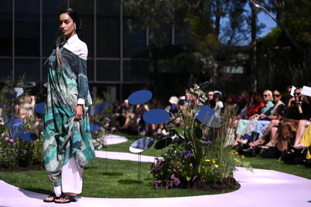 MELBOURNE FASHION WEEK PREVIEW, A model walks the runway during a 2026 Melbourne Fashion Week Runway Preview, at Sky Park, Melbourne, Monday, October 19, 2026. The preview features a selection of the upcoming collections that will appear on M FW runways including designers OUT OF HAND x Lisa Waup, Ebony Noire, Van Ermel Scherer, Perple, Gotham, Wilson Jedd Adams, Asiyam, Atoir, NGALI, Kuwaii, HoMie, Collective Closets x Mariam Farah, TOJHÃÄ, Amy Cottrell, BAAQIY and Sean Rentero. ( NO ARCHIVING MELBOURNE VICTORIA Australia  Copyright: xJOELxCARRETTx 20261019169626641179
