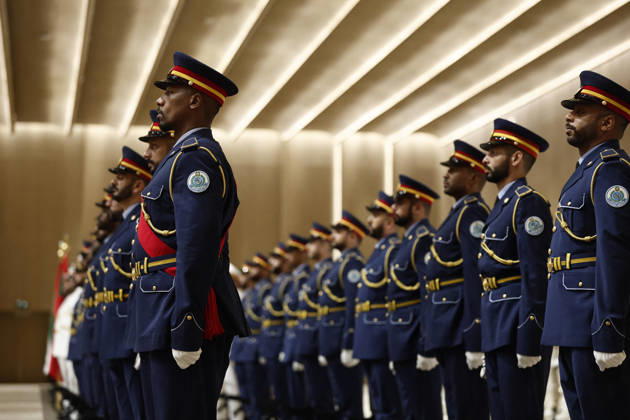 President Macron Visit To Middle East - Abu Dhabi United Arab Emirates Air Force troops during a welcome ceremony for French President Emmanuel Macron at Zayed International Airport in Abu Dhabi, United Arab Emirates, October 19, 2026. Photo by Benoit Tessier Pool ABACAPRESS.COM Abu Dhabi United Arab Emirates  Copyright: xTessierxBenoit Pool ABACAx