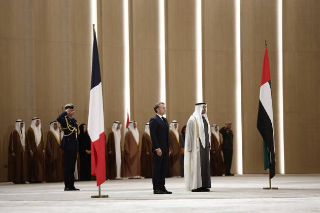 President Macron Visit To Middle East - Abu Dhabi Sheikh Mohamed bin Zayed Al Nahyan, President of the United Arab Emirates (UAE), and French President Emmanuel Macron review troops upon Macron s arrival at Zayed International Airport in Abu Dhabi, United Arab Emirates, October 19, 2026. Photo by Benoit Tessier Pool ABACAPRESS.COM Abu Dhabi United Arab Emirates  Copyright: xTessierxBenoit Pool ABACAx