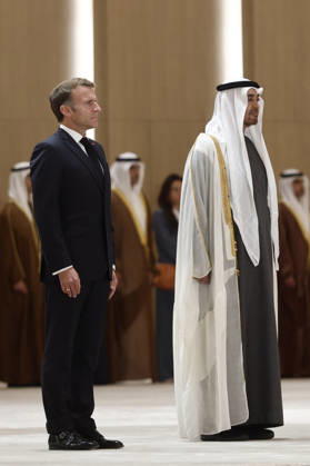 President Macron Visit To Middle East - Abu Dhabi Sheikh Mohamed bin Zayed Al Nahyan, President of the United Arab Emirates (UAE), and French President Emmanuel Macron review troops upon Macron s arrival at Zayed International Airport in Abu Dhabi, United Arab Emirates, October 19, 2026. Photo by Benoit Tessier Pool ABACAPRESS.COM Abu Dhabi United Arab Emirates  Copyright: xTessierxBenoit Pool ABACAx