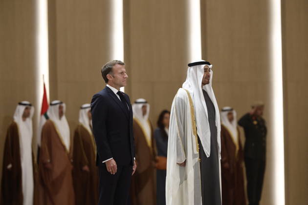 President Macron Visit To Middle East - Abu Dhabi Sheikh Mohamed bin Zayed Al Nahyan, President of the United Arab Emirates (UAE), and French President Emmanuel Macron review troops upon Macron s arrival at Zayed International Airport in Abu Dhabi, United Arab Emirates, October 19, 2026. Photo by Benoit Tessier Pool ABACAPRESS.COM Abu Dhabi United Arab Emirates  Copyright: xTessierxBenoit Pool ABACAx