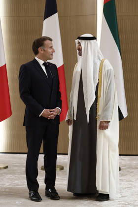 President Macron Visit To Middle East - Abu Dhabi Sheikh Mohamed bin Zayed Al Nahyan, President of the United Arab Emirates (UAE), welcomes French President Emmanuel Macron upon his arrival at Zayed International Airport in Abu Dhabi, United Arab Emirates, October 19, 2026. Photo by Benoit Tessier Pool ABACAPRESS.COM Abu Dhabi United Arab Emirates  Copyright: xTessierxBenoit Pool ABACAx