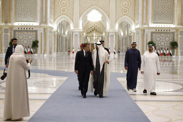 President Macron Visit To Middle East - Abu Dhabi Sheikh Mohamed bin Zayed Al Nahyan, President of the United Arab Emirates (UAE), welcomes French President Emmanuel Macron for a meeting at Qasr Al Watan presidential palace in Abu Dhabi, United Arab Emirates, October 19, 2026. Photo by Benoit Tessier Pool ABACAPRESS.COM Abu Dhabi United Arab Emirates  Copyright: xTessierxBenoit Pool ABACAx