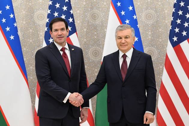 US Secretary of State Marco Rubio in Uzbekistan SAMARKAND, UZBEKISTAN - OCTOBER 19 : (----EDITORIAL USE ONLY - MANDATORY CREDIT - UZBEKISTAN PRESIDENCY HANDOUT - NO MARKETING NO ADVERTISING CAMPAIGNS - DISTRIBUTED AS A SERVICE TO CLIENTS----) Uzbek President Shavkat Mirziyoyev meets with US Secretary of State Marco Rubio (L) who arrived to attend the C5+1 Central Asia-US Foreign Ministers Meeting and the second meeting of the Uzbekistan-US Business and Investment Council in Samarkand, Uzbekistan on October 19, 2026. Uzbekistan Presidency Anadolu Samarkand Uzbekistan. Editorial use only. Please get in touch for any other usage.  Copyright: x2026xAnadoluxUzbekistanxPresidencyx