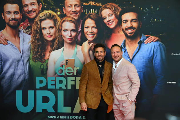 From left: Elyas M. BAREK, actor; Frederick LAU, actor. World premiere of *THE PERFECT VACATION* on October 19, 2026, at the Mathaeser Filmpalast in Munich. Photo call on the red carpet.