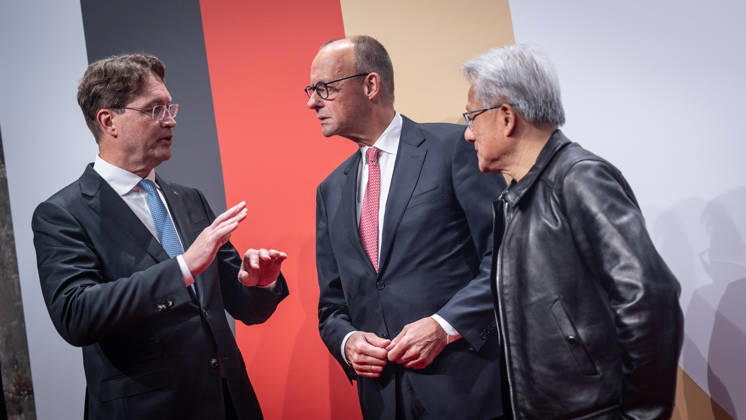 Ola Källenius, CEO of Mercedes-Benz Group AG; Friedrich Merz, Federal Chancellor; and Jensen Huang, CEO of Nvidia Corporation (from left) on the red carpet at the Invest in Germany Summit 2026 Red Carpet for Investments event at Kraftwerk Berlin, Berlin, Germany; Kraftwerk Berlin event venue