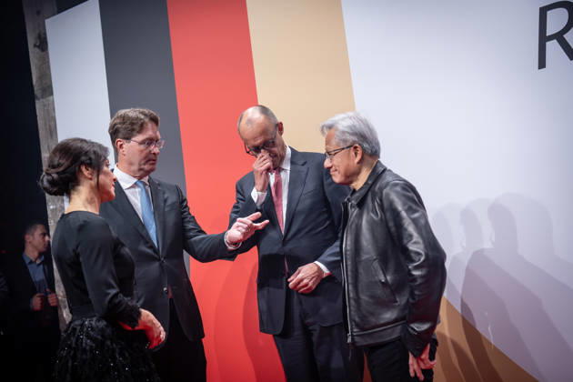 Katherina Reiche, Federal Minister for Economic Affairs and Energy; Ola Källenius, CEO of Mercedes-Benz Group AG; Friedrich Merz, Federal Chancellor; and Jensen Huang, CEO of Nvidia Corporation (from left) on the red carpet at the Invest in Germany Summit 2026 Red Carpet for Investments event at Kraftwerk Berlin, Berlin, Berlin, Germany; Kraftwerk, event venue