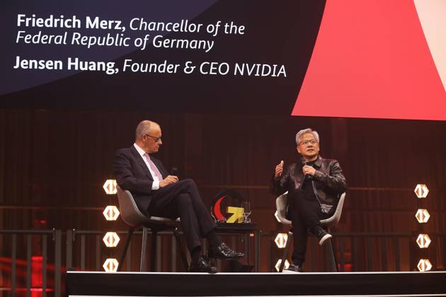 Berlin, Germany, October 19, 2026; Kraftwerk Berlin; Invest in Germany Summit; Federal Chancellor Friedrich Merz (CDU) and Nvidia CEO Jensen Huang Copyright: xdtsxNachrichtenagenturx dts_139977