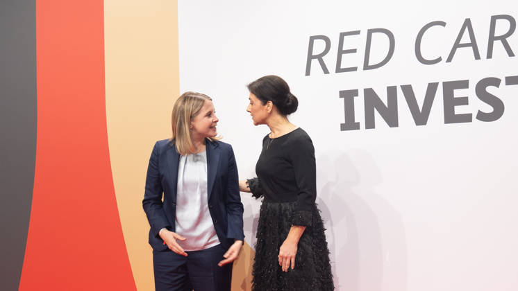Federal Minister of Construction Verena Hubertz (SPD) with Katherina Reiche, Federal Minister for Economic Affairs and Energy (CDU), from left: Invest in Germany Summit 2026 Red Carpet for Investments Event Location: Kraftwerk Berlin, Berlin, Germany; Kraftwerk Event Location