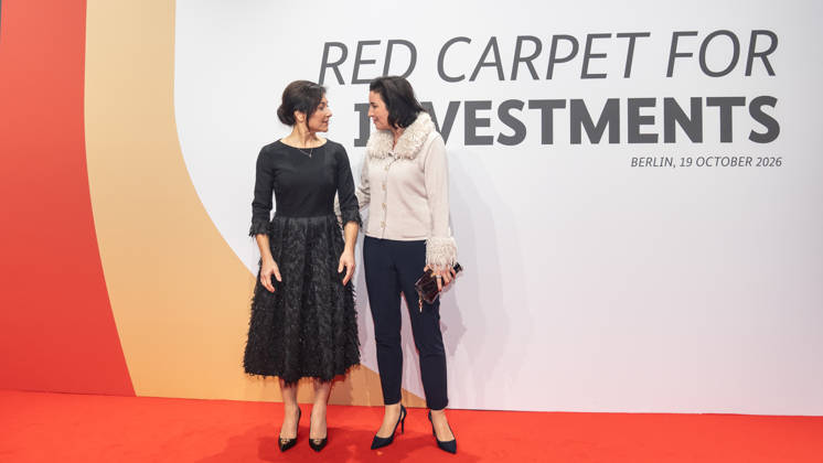 Katherina Reiche, Federal Minister for Economic Affairs and Energy, and Dorothee Bär, Federal Minister for Research, Technology, and Space, from left, on the red carpet at the Invest in Germany Summit 2026 Red Carpet for Investments event at Kraftwerk Berlin, Berlin, Germany; Kraftwerk Berlin event venue