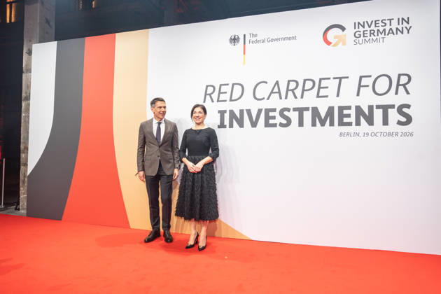 Katherina Reiche, Federal Minister for Economic Affairs and Energy, with RenÃ Obermann at the Invest in Germany Summit 2026 Red Carpet for Investments event at Kraftwerk Berlin, Berlin, Germany; Kraftwerk Berlin event venue