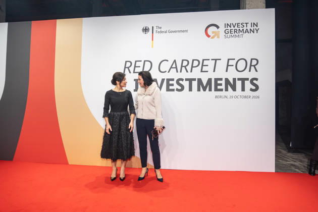 Katherina Reiche, Federal Minister for Economic Affairs and Energy, and Dorothee Bär, Federal Minister for Research, Technology, and Space, from left, on the red carpet at the Invest in Germany Summit 2026 Red Carpet for Investments event at Kraftwerk Berlin, Berlin, Germany; Kraftwerk Berlin event venue