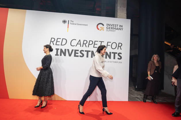 Katherina Reiche, Federal Minister for Economic Affairs and Energy, and Dorothee Bär, Federal Minister for Research, Technology, and Space, from left, on the red carpet at the Invest in Germany Summit 2026 Red Carpet for Investments event at Kraftwerk Berlin, Berlin, Germany; Kraftwerk Berlin event venue