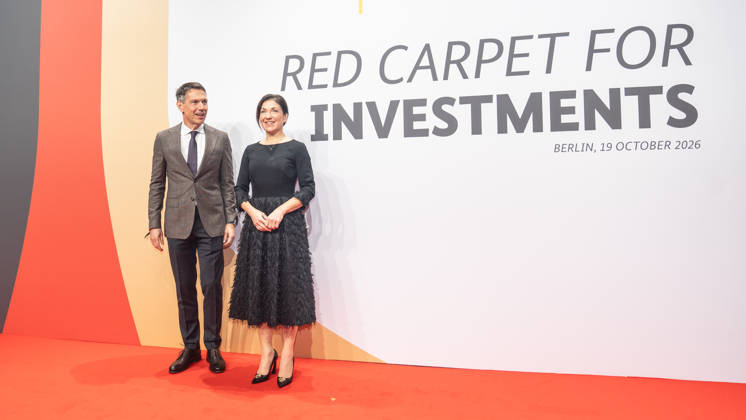 Katherina Reiche, Federal Minister for Economic Affairs and Energy, with RenÃ Obermann at the Invest in Germany Summit 2026 Red Carpet for Investments event at Kraftwerk Berlin, Berlin, Germany; Kraftwerk Berlin event venue