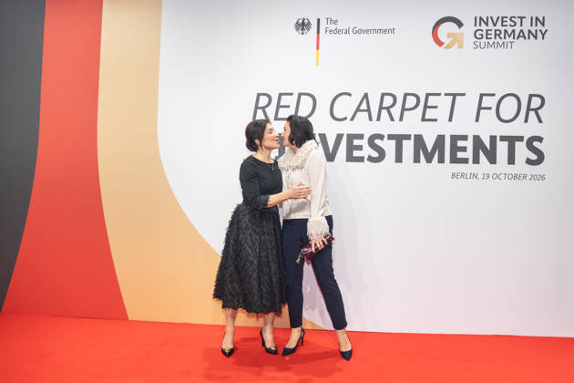 Katherina Reiche, Federal Minister for Economic Affairs and Energy, and Dorothee Bär, Federal Minister for Research, Technology, and Space, from left, on the red carpet at the Invest in Germany Summit 2026 Red Carpet for Investments event at Kraftwerk Berlin, Berlin, Germany; Kraftwerk Berlin event venue