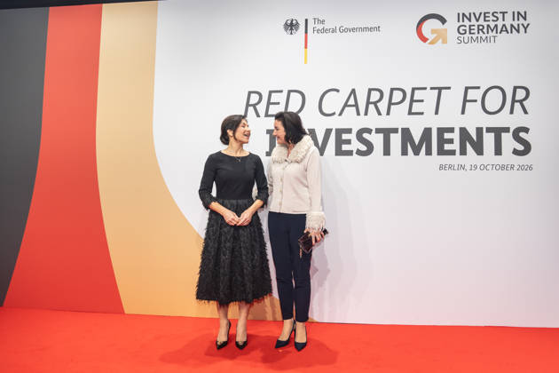 Katherina Reiche, Federal Minister for Economic Affairs and Energy, and Dorothee Bär, Federal Minister for Research, Technology, and Space, from left, on the red carpet at the Invest in Germany Summit 2026 Red Carpet for Investments event at Kraftwerk Berlin, Berlin, Germany; Kraftwerk Berlin event venue