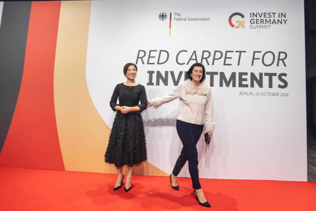 Katherina Reiche, Federal Minister for Economic Affairs and Energy, and Dorothee Bär, Federal Minister for Research, Technology, and Space, from left, on the red carpet at the Invest in Germany Summit 2026 Red Carpet for Investments event at Kraftwerk Berlin, Berlin, Germany; Kraftwerk Berlin event venue