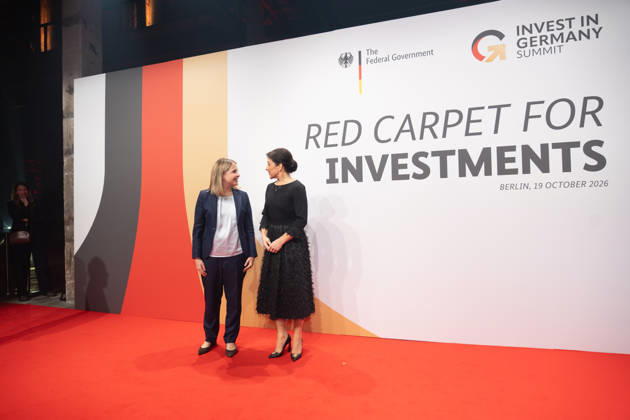 Federal Minister of Construction Verena Hubertz (SPD) with Katherina Reiche, Federal Minister for Economic Affairs and Energy (CDU), from left: Invest in Germany Summit 2026 Red Carpet for Investments Event Location: Kraftwerk Berlin, Berlin, Germany; Kraftwerk Event Location