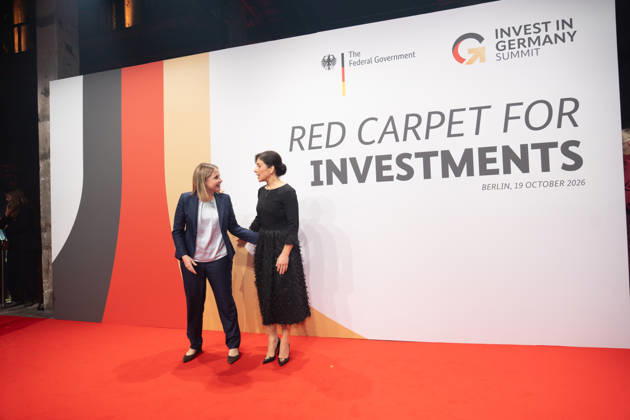 Federal Minister of Construction Verena Hubertz (SPD) with Katherina Reiche, Federal Minister for Economic Affairs and Energy (CDU), from left: Invest in Germany Summit 2026 Red Carpet for Investments Event Location: Kraftwerk Berlin, Berlin, Germany; Kraftwerk Event Location