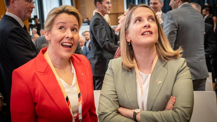 Franziska Giffey and Verena Hubertz (from left) at the Invest in Germany Summit 2026 at the ESMT European School of Management and Technology in Berlin, Berlin, Germany; ESMT Berlin