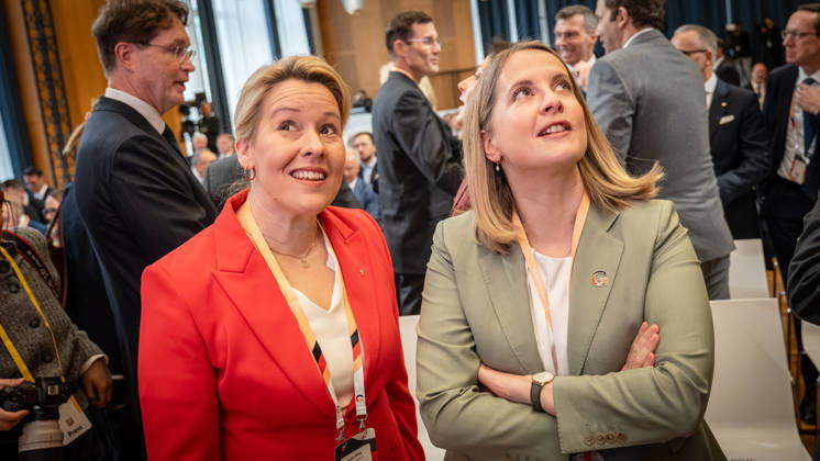 Franziska Giffey and Verena Hubertz (from left) at the Invest in Germany Summit 2026 at the ESMT European School of Management and Technology in Berlin, Berlin, Germany; ESMT Berlin