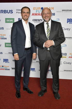 Philipp Lahm and Martin Schulz at the 2026 European Future Award ceremony at the Tipi am Kanzleramt in Berlin, October 19, 2026 Foto:xM.xBehrensx xFuturexImagex future_6049