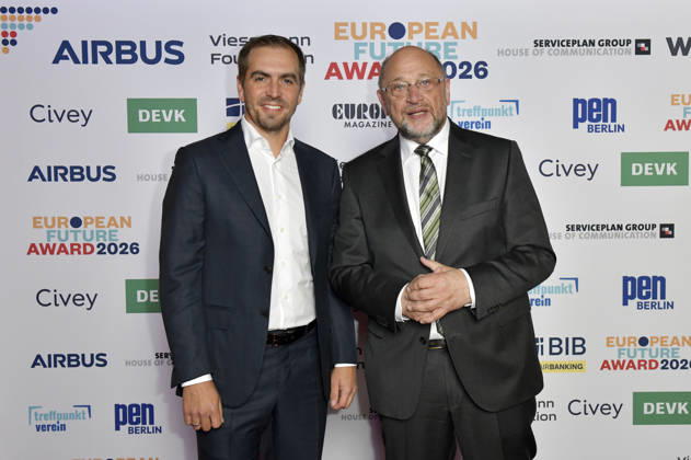 Philipp Lahm and Martin Schulz at the 2026 European Future Award ceremony at the Tipi am Kanzleramt in Berlin, October 19, 2026 Foto:xM.xBehrensx xFuturexImagex future_6051