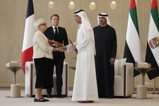President Macron Visits United Arab Emirates Sheikh Mohamed bin Zayed Al Nahyan, President of the United Arab Emirates (UAE), French President Emmanuel Macron, French Defence and Veterans Minister Catherine Vautrin and Mohamed Bin Mubarak Fadhel Al Mazrouei, the UAE Minister of State for Defence Affairs, attend a signing ceremony for bilateral defence agreements at Zayed International Airport in Abu Dhabi, United Arab Emirates, October 20, 2026. Photo by Benoit Tessier Pool ABACAPRESS.COM Abu Dhabi United Arab Emirates  Copyright: xTessierxBenoit Pool ABACAx