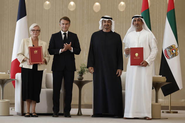 President Macron Visits United Arab Emirates Sheikh Mohamed bin Zayed Al Nahyan, President of the United Arab Emirates (UAE), French President Emmanuel Macron, French Defence and Veterans Minister Catherine Vautrin and Mohamed Bin Mubarak Fadhel Al Mazrouei, the UAE Minister of State for Defence Affairs, attend a signing ceremony for bilateral defence agreements at Zayed International Airport in Abu Dhabi, United Arab Emirates, October 20, 2026. Photo by Benoit Tessier Pool ABACAPRESS.COM Abu Dhabi United Arab Emirates  Copyright: xTessierxBenoit Pool ABACAx